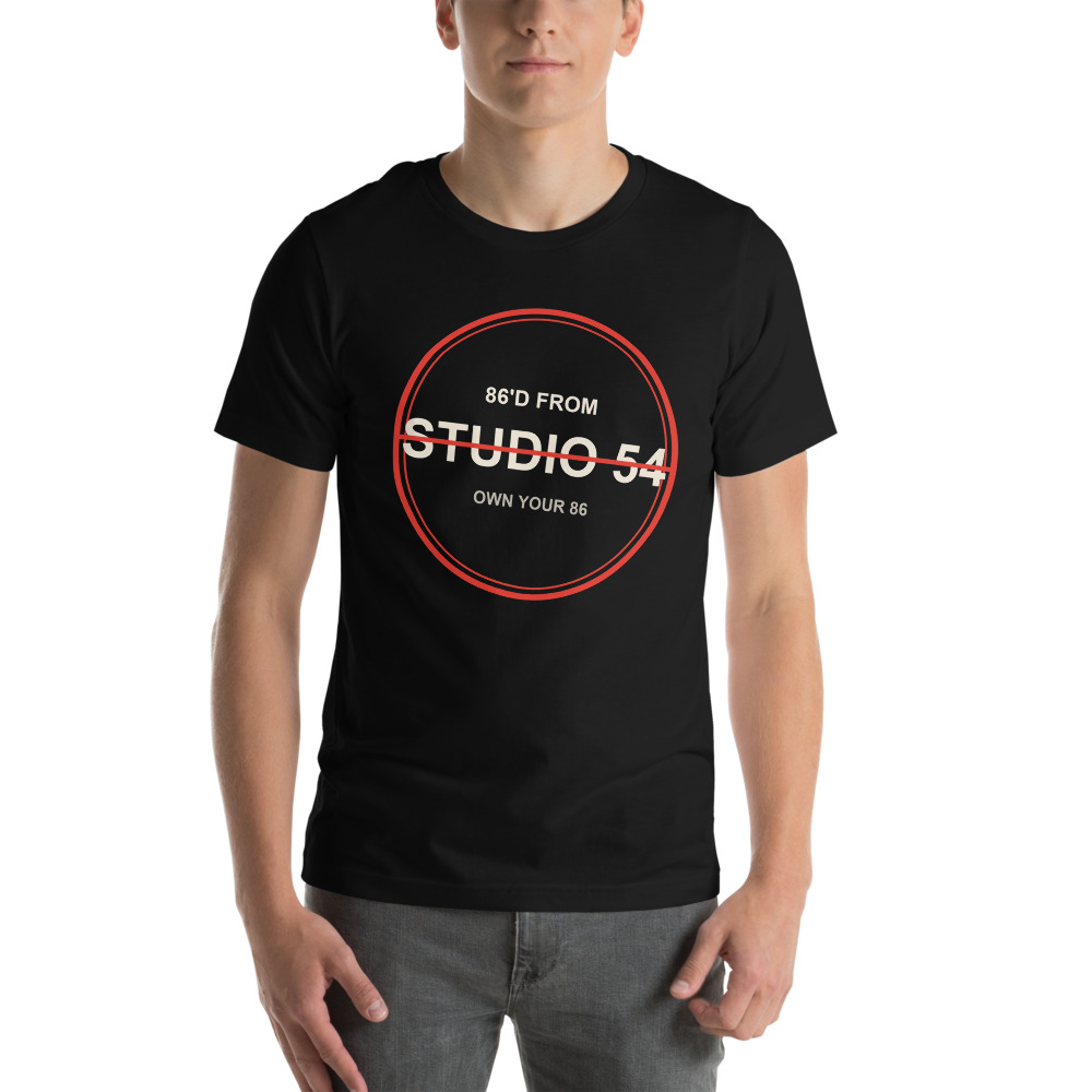 Man wearing black 86FROM t-shirt with Studio 54 stamp design